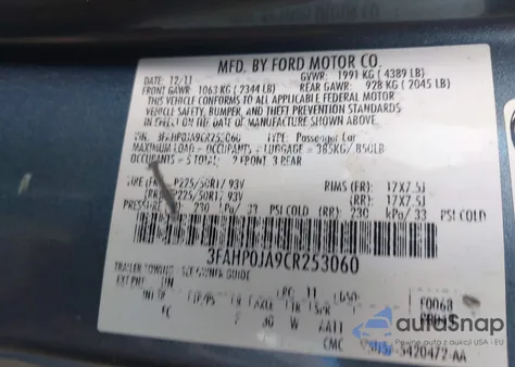 2012 Ford Fusion Sel z USA, uszkodzony, nr VIN 3FAHP0JA9CR253060